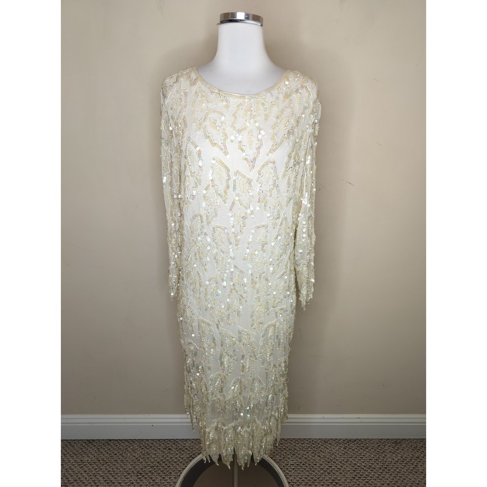 Women's Silk Sequin Dress Small / Medium Ivory Long Sleeve Midi Flapper Fairy